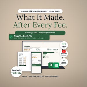 May include: A digital inventory and profit tracker for resellers, compatible with Excel, Google Sheets, and Apple Numbers. The interface displays a dashboard, death pile aging, and monthly sales data. Includes 10 tabs, a YouTube tutorial, and fee engine features for quarterly tax preparation.