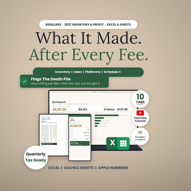 May include: A digital inventory and profit tracker for resellers, compatible with Excel, Google Sheets, and Apple Numbers. The interface displays a dashboard, death pile aging, and monthly sales data. Includes 10 tabs, a YouTube tutorial, and fee engine features for quarterly tax preparation.