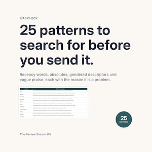 The Bias Check tab, headlined 25 patterns to search for before you send it. The caption says it looks for recency words, absolutes, gendered descriptors and vague praise, each with the reason it is a problem. A screenshot of the checklist runs down the page.