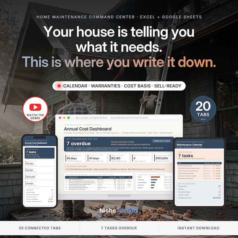 May include: A digital home maintenance command center template for Excel and Google Sheets. The interface displays an annual cost dashboard, maintenance calendar, and task lists with 20 tabs. Text includes 'Your house is telling you what it needs.'