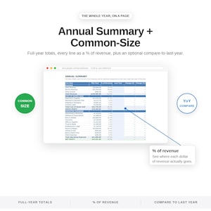 May include: A digital spreadsheet titled Annual Summary + Common-Size displaying financial data with columns for line items, current year totals, percentage of revenue, and year-over-year comparisons. The interface includes labels for common size and YoY compare.