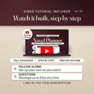 May include: A laptop screen displaying The Novel Planner for Excel and Sheets with text reading Video Tutorial Included, Watch it built, step by step, Full Voiceover, Step by Step, Free on YouTube, Follow Along, and Questions Message us on Etsy.