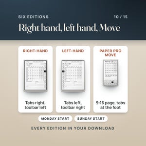 The six planner editions: right-hand tabs, left-hand tabs and the 9:16 Paper Pro Move layout with its tabs at the foot, each in Monday-start and Sunday-start. The March 2027 page shown on each.