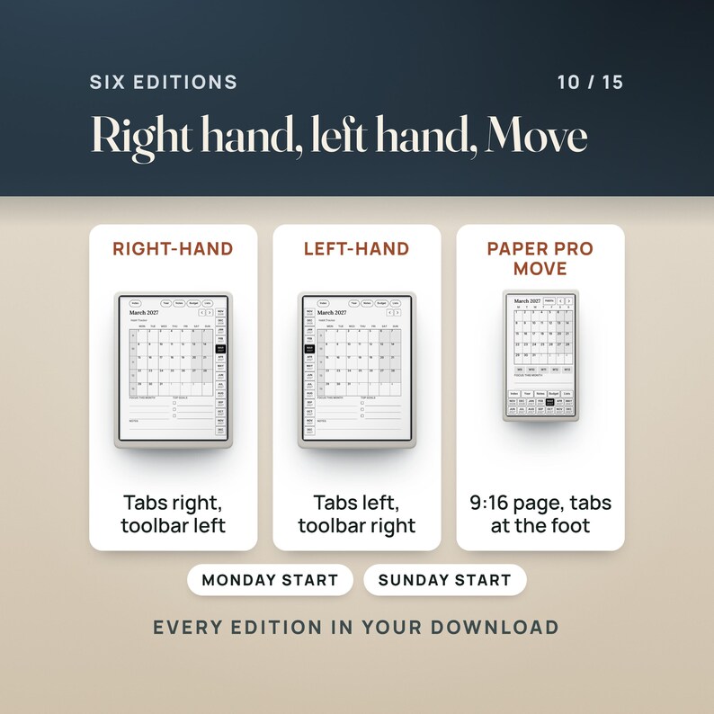 The six planner editions: right-hand tabs, left-hand tabs and the 9:16 Paper Pro Move layout with its tabs at the foot, each in Monday-start and Sunday-start. The March 2027 page shown on each.