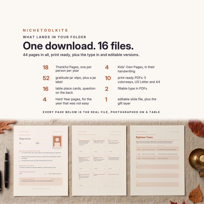 May include: A digital download kit containing 16 files and 44 pages of printable gratitude and memory-keeping templates. The text includes NICHETOOLKITS, One download. 16 files., 44 pages in all, print ready, plus the type in and editable versions.