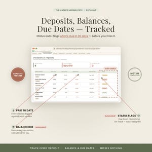 Peut inclure: Une interface de feuille de calcul num&eacute;rique pour l'organisation de mariages intitul&eacute;e Payments & Deposits. Elle pr&eacute;sente des colonnes pour les noms des prestataires, les co&ucirc;ts totaux, les montants pay&eacute;s, les soldes dus et les dates d'&eacute;ch&eacute;ance.