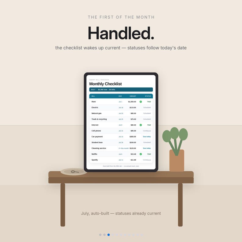 Peut inclure: Une tablette num&eacute;rique affichant une application de suivi de factures Monthly Checklist sur une table en bois marron. L'&eacute;cran pr&eacute;sente une liste de factures avec dates, montants et statuts. &Agrave; c&ocirc;t&eacute; se trouvent une plante et un objet circulaire.