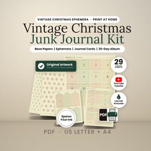 May include: A digital junk journal kit featuring 29 sheets of vintage Christmas ephemera, base papers, and journal cards. The kit includes numbered day tiles, printable PDF files in US Letter and A4 sizes, and a YouTube tutorial link.