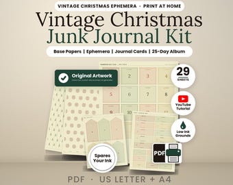 Vintage Christmas Junk Journal Kit, 29 Printable Sheets, 25 Day December Album Pack, Christmas Ephemera and Journal Paper, Commercial Use