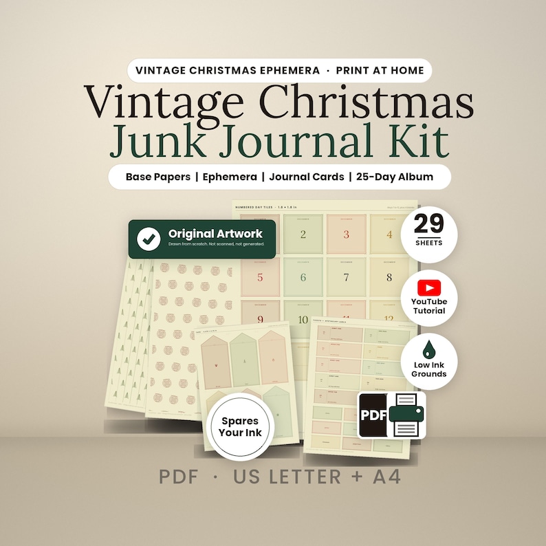 May include: A digital junk journal kit featuring 29 sheets of vintage Christmas ephemera, base papers, and journal cards. The kit includes numbered day tiles, printable PDF files in US Letter and A4 sizes, and a YouTube tutorial link.