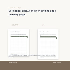 The same binder page shown at US Letter and A4 size side by side, with a note to print at Actual Size. Every page carries a one inch binding edge and there are no full page color backgrounds to drain ink.