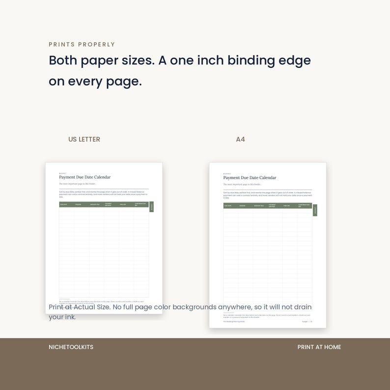 The same binder page shown at US Letter and A4 size side by side, with a note to print at Actual Size. Every page carries a one inch binding edge and there are no full page color backgrounds to drain ink.