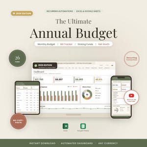 May include: A digital budget planner template for Excel and Google Sheets titled The Ultimate Annual Budget 2026 Edition. It features a dashboard with financial charts, a monthly budget, bill tracker, sinking funds, and net worth tracking.