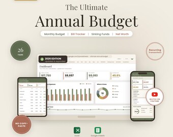 Annual Budget Spreadsheet | Yearly Budget Planner Template for Excel and Google Sheets | Monthly Budget, Bills, Sinking Funds and Net Worth