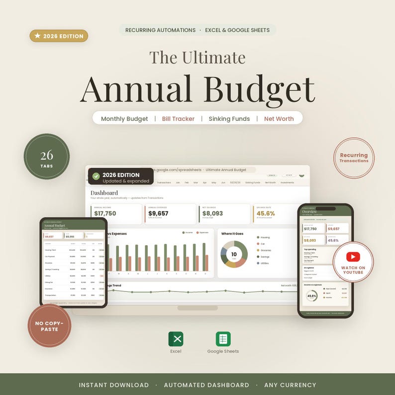 May include: A digital budget planner template for Excel and Google Sheets titled The Ultimate Annual Budget 2026 Edition. It features a dashboard with financial charts, a monthly budget, bill tracker, sinking funds, and net worth tracking.