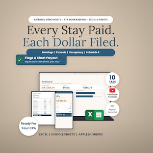 Pode incluir: Um modelo de contabilidade digital para anfitri&otilde;es Airbnb e VRBO com o texto Every Stay Paid. Each Dollar Filed. O ecr&atilde; mostra um painel com dados financeiros, acompanhamento de pagamentos e ferramentas de reconcilia&ccedil;&atilde;o para Excel, Google Sheets e Apple Numbers.