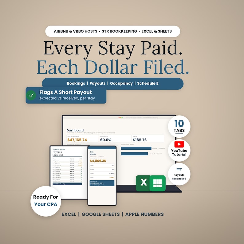 Pode incluir: Um modelo de contabilidade digital para anfitri&otilde;es Airbnb e VRBO com o texto Every Stay Paid. Each Dollar Filed. O ecr&atilde; mostra um painel com dados financeiros, acompanhamento de pagamentos e ferramentas de reconcilia&ccedil;&atilde;o para Excel, Google Sheets e Apple Numbers.