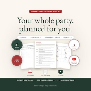 Christmas Family Game Night Bundle hero: the printed Family Classic evening plan, tournament scoreboard and team badges fanned on a cream background under the headline Your whole party, planned for you, with badges reading 23 games, 3 evening plans, ages 5 to 85, watch on YouTube, 5 PDF files, US Letter and A4, TV mode, instant download, 592 cards and prompts, large print pack.