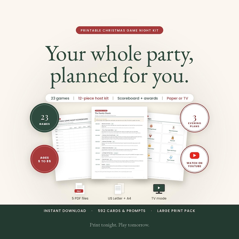 Christmas Family Game Night Bundle hero: the printed Family Classic evening plan, tournament scoreboard and team badges fanned on a cream background under the headline Your whole party, planned for you, with badges reading 23 games, 3 evening plans, ages 5 to 85, watch on YouTube, 5 PDF files, US Letter and A4, TV mode, instant download, 592 cards and prompts, large print pack.