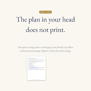 The binder welcome page under the headline: the plan in your head does not print. One quiet evening moves it onto pages your family can follow.