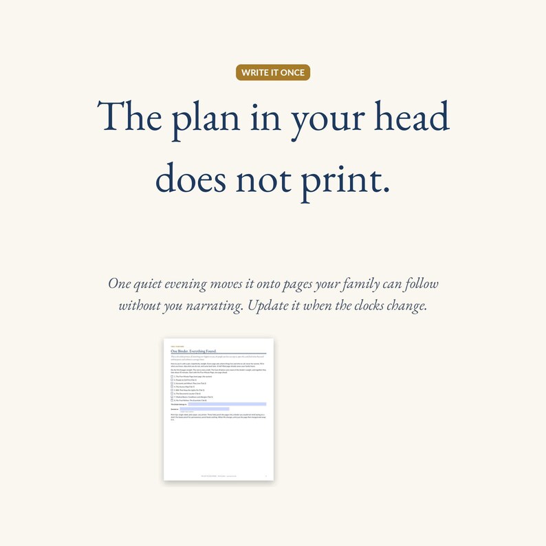 The binder welcome page under the headline: the plan in your head does not print. One quiet evening moves it onto pages your family can follow.