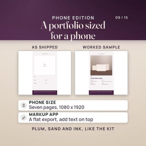 The phone edition of the portfolio, 1080 x 1920: the cover as shipped with an empty photo frame and labels, and the worked sample with a cover picture and the sample creator's details. It is a flat export of seven pages; text is added in a phone's markup app.