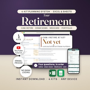Retirement Planner Spreadsheet Bundle: Can I Retire Calculator, Withdrawal and RMD Planner, Medicare and IRMAA Costs, Portfolio Tracker
