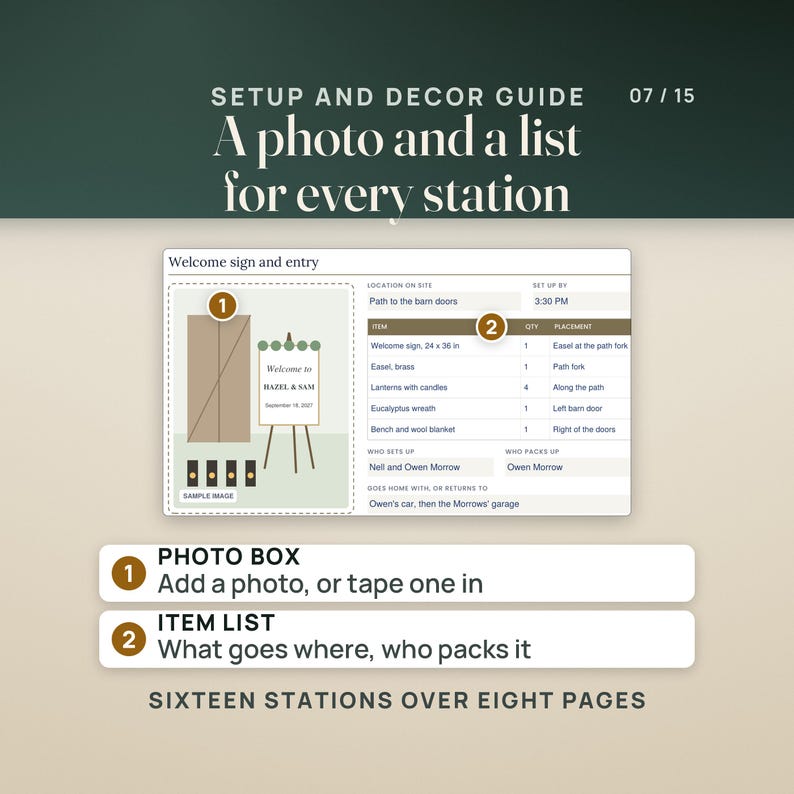 A station page from the setup and decor guide, Welcome sign and entry. A photo box holds a sample illustration of barn doors, an easel sign for Hazel and Sam and four lanterns. Beside it: the location on site, set up by 3:30 PM, an item table with quantities and placement, who sets up, who packs up and where it all goes home. Rows read: photo box, add a photo or tape one in; item list. Caption: sixteen stations over eight pages.