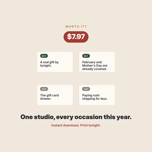 Może przedstawiać: Cyfrowa grafika z tekstem Worth It? nad czerwonym owalem z $7.97. Cztery białe prostokątne pola zawierają tekst: Buy A real gift by tonight, Buy February and Mother's Day are already covered, Skip The gift card drawer, Skip Paying rush shipping for less. Poniżej znajduje się One studio, every occasion this year. Instant download. Print tonight.