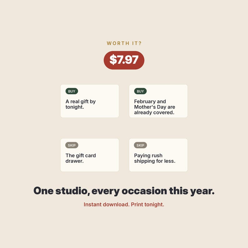 Może przedstawiać: Cyfrowa grafika z tekstem Worth It? nad czerwonym owalem z $7.97. Cztery białe prostokątne pola zawierają tekst: Buy A real gift by tonight, Buy February and Mother's Day are already covered, Skip The gift card drawer, Skip Paying rush shipping for less. Poniżej znajduje się One studio, every occasion this year. Instant download. Print tonight.