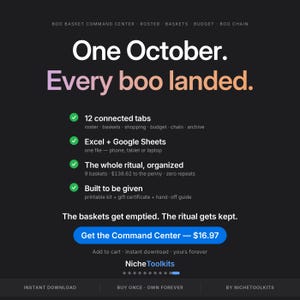 May include: A digital product interface on a black background titled One October. Every boo landed. It features a list of features including 12 connected tabs, Excel and Google Sheets compatibility, organized ritual details, and a printable kit. Includes a blue button.