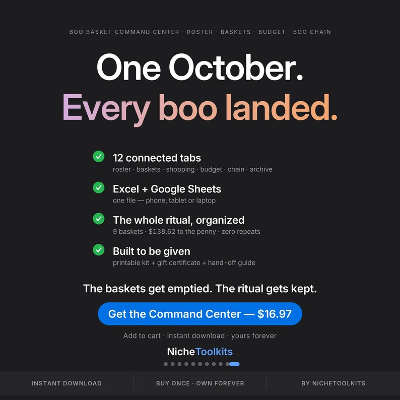 May include: A digital product interface on a black background titled One October. Every boo landed. It features a list of features including 12 connected tabs, Excel and Google Sheets compatibility, organized ritual details, and a printable kit. Includes a blue button.