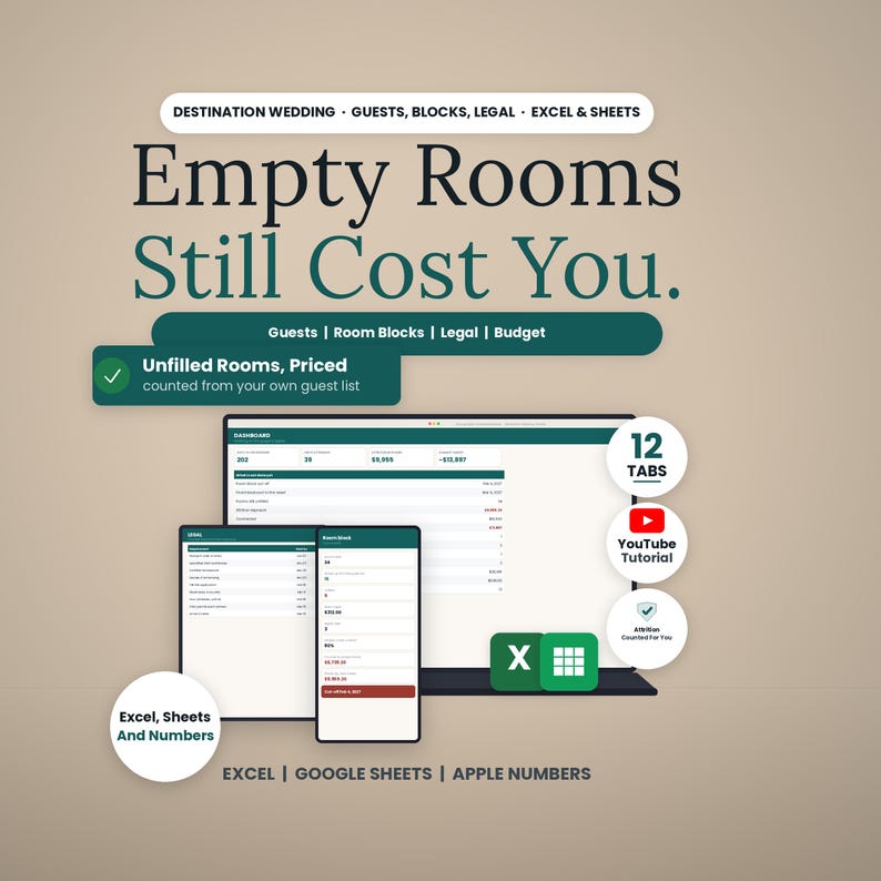 May include: A digital spreadsheet template for destination wedding planning featuring the text Empty Rooms Still Cost You. The interface displays a dashboard, room blocks, and legal tabs across a laptop and mobile screen with Excel and Sheets icons.