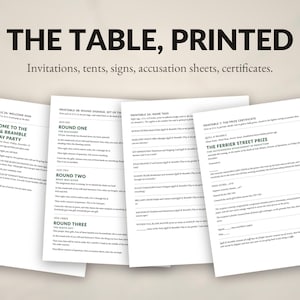 Op de afbeelding: Een set van vier witte printbare documenten getiteld THE TABLE, PRINTED, met zwarte tekst voor uitnodigingen, tentkaarten, borden, beschuldigingsbladen en certificaten. De pagina's bevatten instructies voor een Quill & Bramble feest.