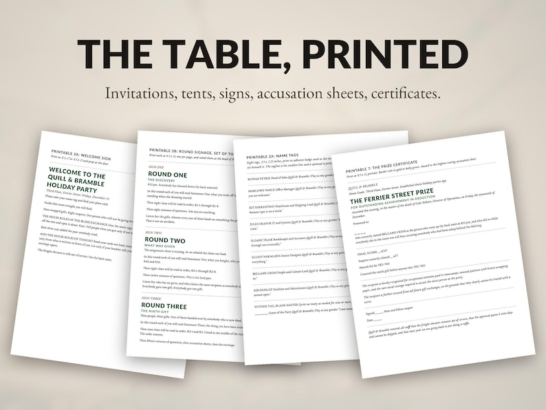 Op de afbeelding: Een set van vier witte printbare documenten getiteld THE TABLE, PRINTED, met zwarte tekst voor uitnodigingen, tentkaarten, borden, beschuldigingsbladen en certificaten. De pagina's bevatten instructies voor een Quill & Bramble feest.