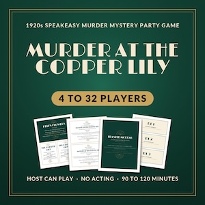 K&ouml;nnte beinhalten: Ein Krimi-Partyspiel im Stil der 1920er Jahre mit dem Titel Murder at the Copper Lily. Das Spiel ist f&uuml;r 4 bis 32 Spieler ausgelegt und enth&auml;lt gedruckte Charakterkarten und Spielmaterialien in Dunkelgr&uuml;n und Creme. Dauer 90 bis 120 Minuten.