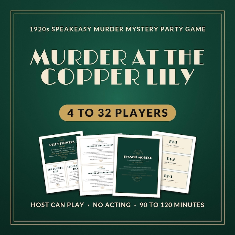 K&ouml;nnte beinhalten: Ein Krimi-Partyspiel im Stil der 1920er Jahre mit dem Titel Murder at the Copper Lily. Das Spiel ist f&uuml;r 4 bis 32 Spieler ausgelegt und enth&auml;lt gedruckte Charakterkarten und Spielmaterialien in Dunkelgr&uuml;n und Creme. Dauer 90 bis 120 Minuten.