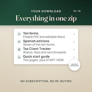 Your download in one zip: ten forms as fillable PDF and editable Word, Spanish editions of seven of them, the Tax Client Tracker with status, fees and carryforwards, and a two page quick start guide plus START-HERE, with an instant download seal. Caption: no subscription, no re-buying.