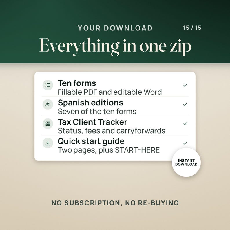 Your download in one zip: ten forms as fillable PDF and editable Word, Spanish editions of seven of them, the Tax Client Tracker with status, fees and carryforwards, and a two page quick start guide plus START-HERE, with an instant download seal. Caption: no subscription, no re-buying.