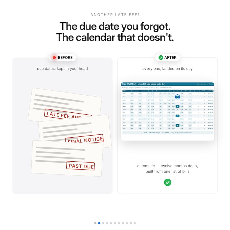 Peut inclure: Un graphique comparatif intitul&eacute; Another Late Fee? The due date you forgot. The calendar that doesn't. &Agrave; gauche, trois cartes blanches avec des tampons rouges indiquant LATE FEE APPLIED, FINAL NOTICE et PAST DUE. &Agrave; droite, un calendrier de factures.
