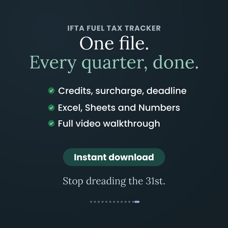 May include: A dark teal digital graphic for an IFTA Fuel Tax Tracker. Text reads: One file. Every quarter, done. Features include credits, surcharge, deadline, Excel, Sheets, Numbers, and a video walkthrough. Includes an Instant download button.