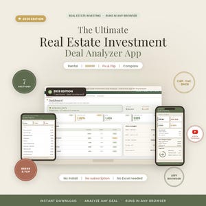 Pu&ograve; includere: L'app The Ultimate Real Estate Investment Deal Analyzer edizione 2026 &egrave; uno strumento digitale per browser. Presenta una dashboard con 7 sezioni, tra cui analisi Rental, BRRRR e Fix & Flip, visualizzate su schermi di laptop, tablet e smartphone.