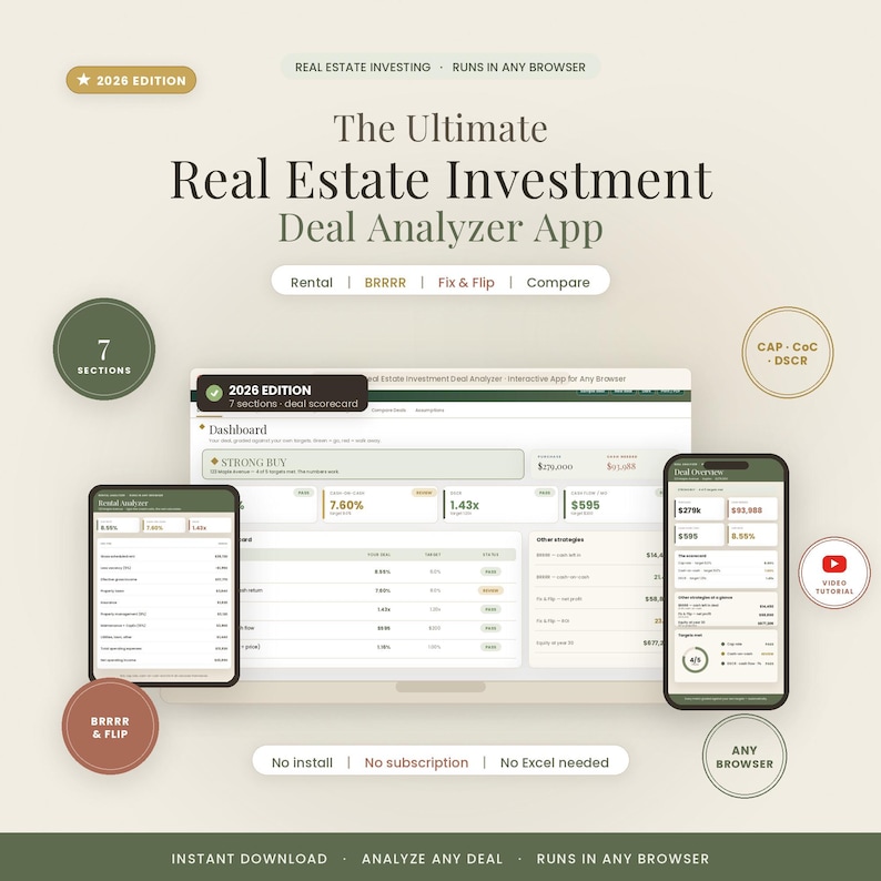 Pu&ograve; includere: L'app The Ultimate Real Estate Investment Deal Analyzer edizione 2026 &egrave; uno strumento digitale per browser. Presenta una dashboard con 7 sezioni, tra cui analisi Rental, BRRRR e Fix & Flip, visualizzate su schermi di laptop, tablet e smartphone.