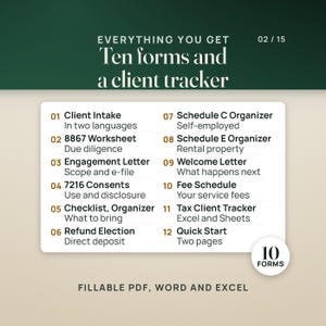 What is inside: a numbered list of the ten forms (client intake in two languages, Form 8867 due diligence worksheet, engagement letter, Section 7216 consents, document checklist and organizer, refund election, Schedule C and Schedule E organizers, welcome letter, fee schedule), plus the Tax Client Tracker for Excel and Google Sheets and a two page quick start. A seal reads 10 forms.