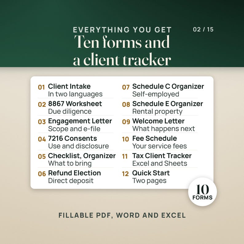 What is inside: a numbered list of the ten forms (client intake in two languages, Form 8867 due diligence worksheet, engagement letter, Section 7216 consents, document checklist and organizer, refund election, Schedule C and Schedule E organizers, welcome letter, fee schedule), plus the Tax Client Tracker for Excel and Google Sheets and a two page quick start. A seal reads 10 forms.