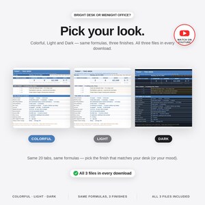 May include: A digital planner template set featuring three distinct visual themes: colorful, light, and dark. The text reads Pick your look, Colorful, Light and Dark, and All 3 files in every download. Each version displays a task management dashboard.