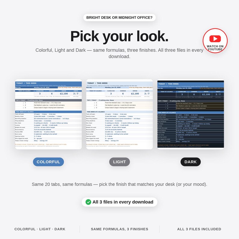 May include: A digital planner template set featuring three distinct visual themes: colorful, light, and dark. The text reads Pick your look, Colorful, Light and Dark, and All 3 files in every download. Each version displays a task management dashboard.