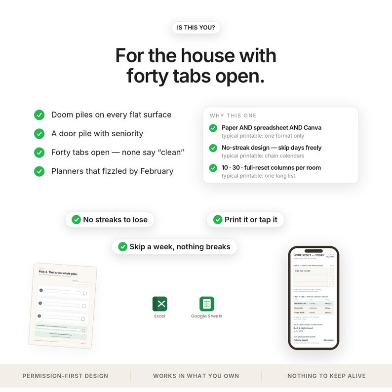 May include: A digital home organisation planner infographic featuring the text For the house with forty tabs open. It includes green checkmarks, a list of features, a printable document preview, Excel and Google Sheets icons, and a smartphone display.