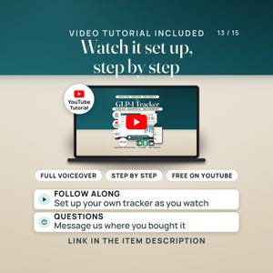 Video tutorial pane: a laptop shows the tutorial thumbnail, the product's own hero image, with a play button and a YouTube seal, and pills reading full voiceover, step by step and free on YouTube. Follow along and set up your own tracker as you watch. The link is in the item description.