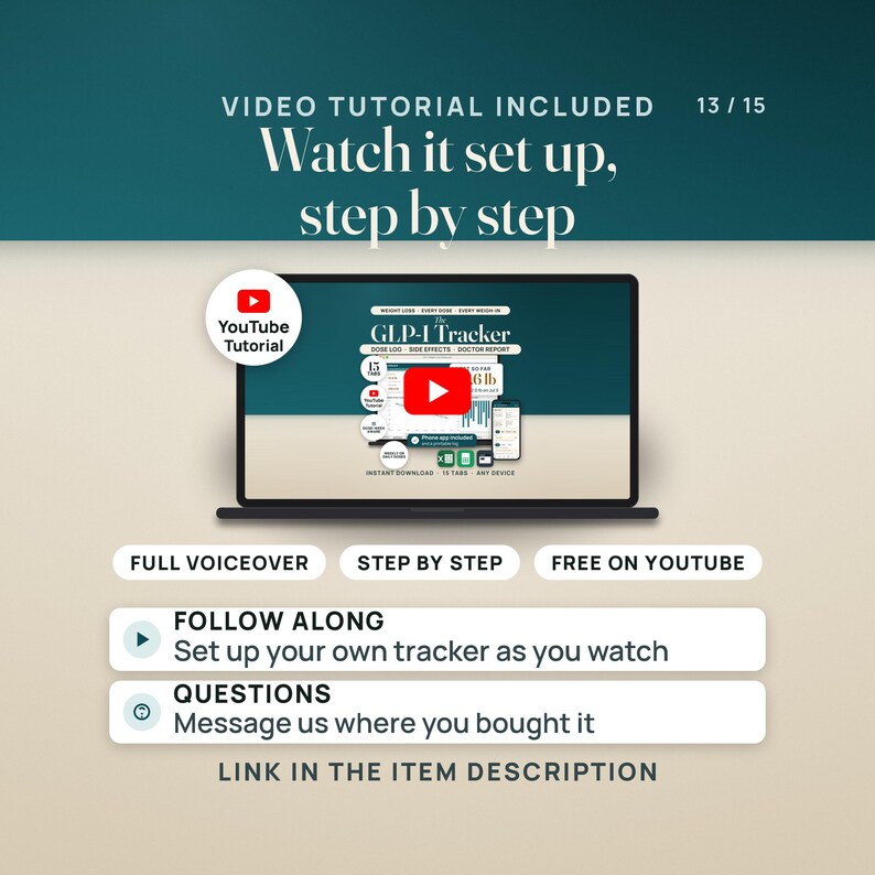 Video tutorial pane: a laptop shows the tutorial thumbnail, the product's own hero image, with a play button and a YouTube seal, and pills reading full voiceover, step by step and free on YouTube. Follow along and set up your own tracker as you watch. The link is in the item description.